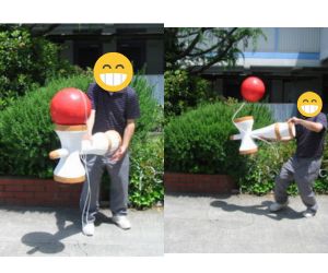 玉の大きさ30センチ巨大けん玉の実演風景