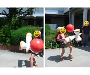 玉の大きさ30センチ巨大けん玉の実演風景4